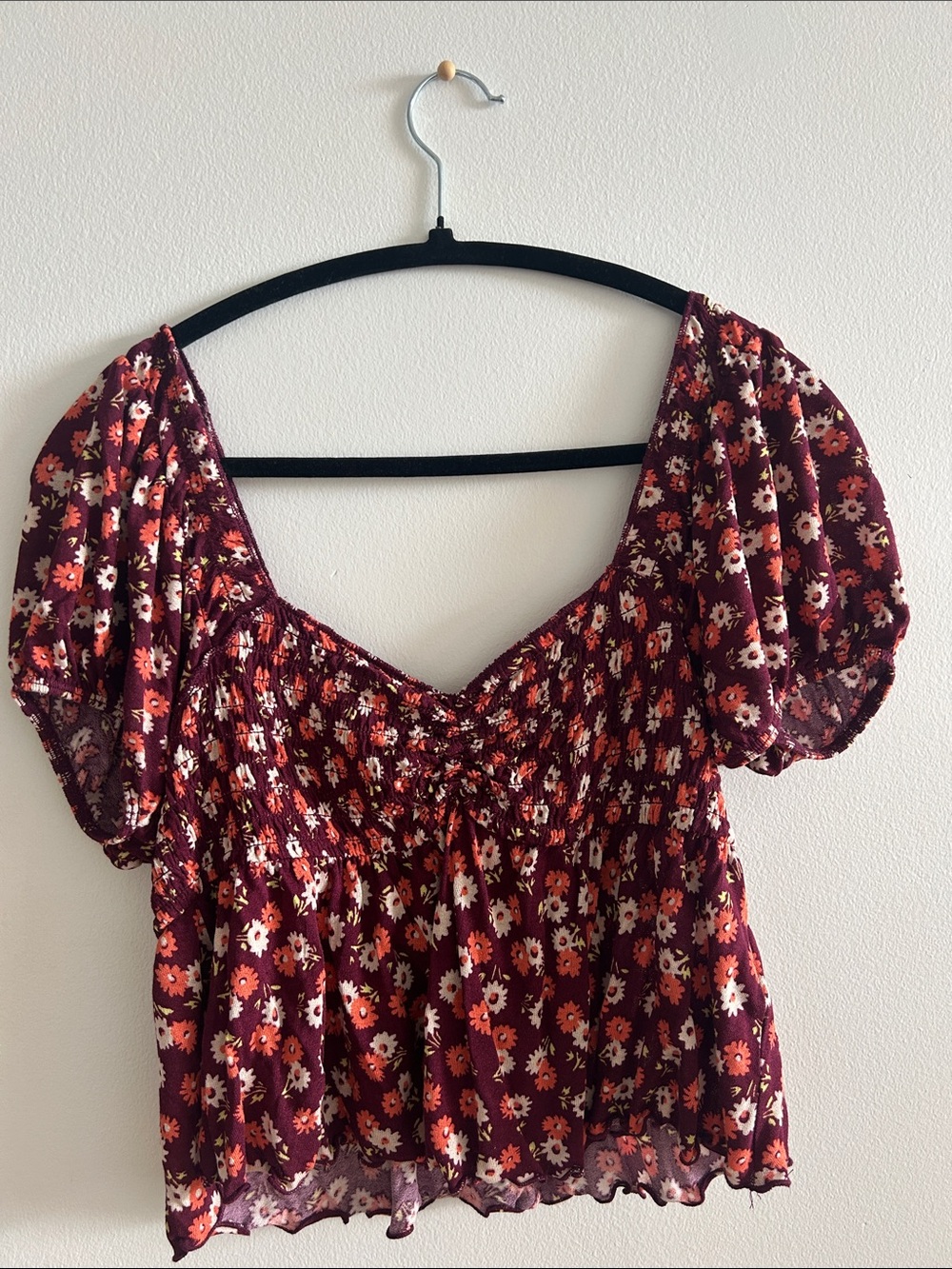 Urban Outfitters Burgundy Floral Puff Sleeve Peasant Top